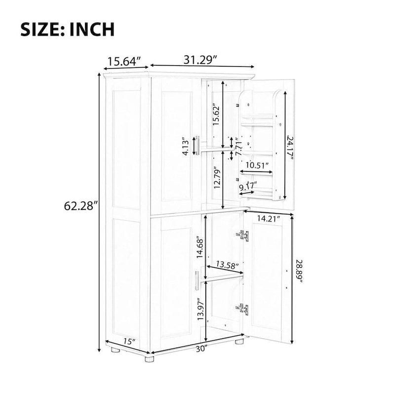 Meuble de rangement de salle de bain autoportant blanc à 4 portes avec étagères réglables