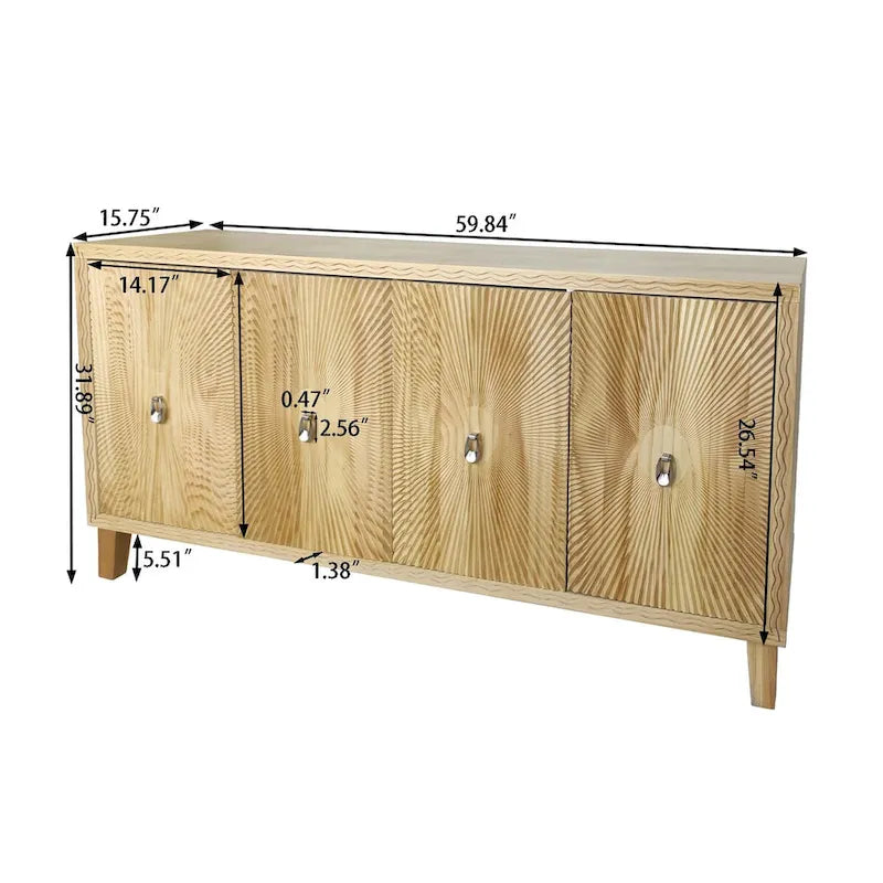 Roomfitters Vintage Natural 4-Door Storage Cabinet with Carved Pattern, Adjustable Shelves, and Large Buffet for Living Room
