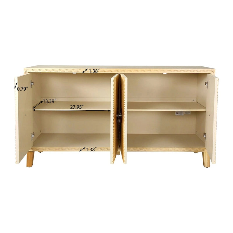 Bahut-buffet sculpté « Sunburst » 4 portes vintage avec étagères réglables