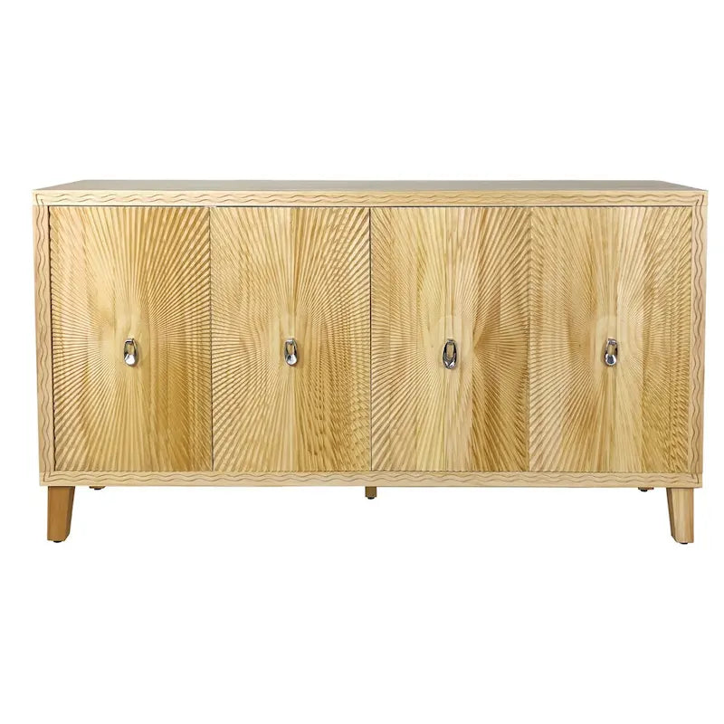 Bahut-buffet sculpté « Sunburst » 4 portes vintage avec étagères réglables