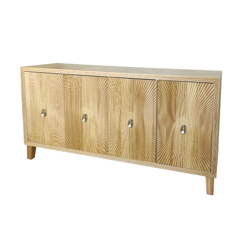 Bahut-buffet sculpté « Sunburst » 4 portes vintage avec étagères réglables