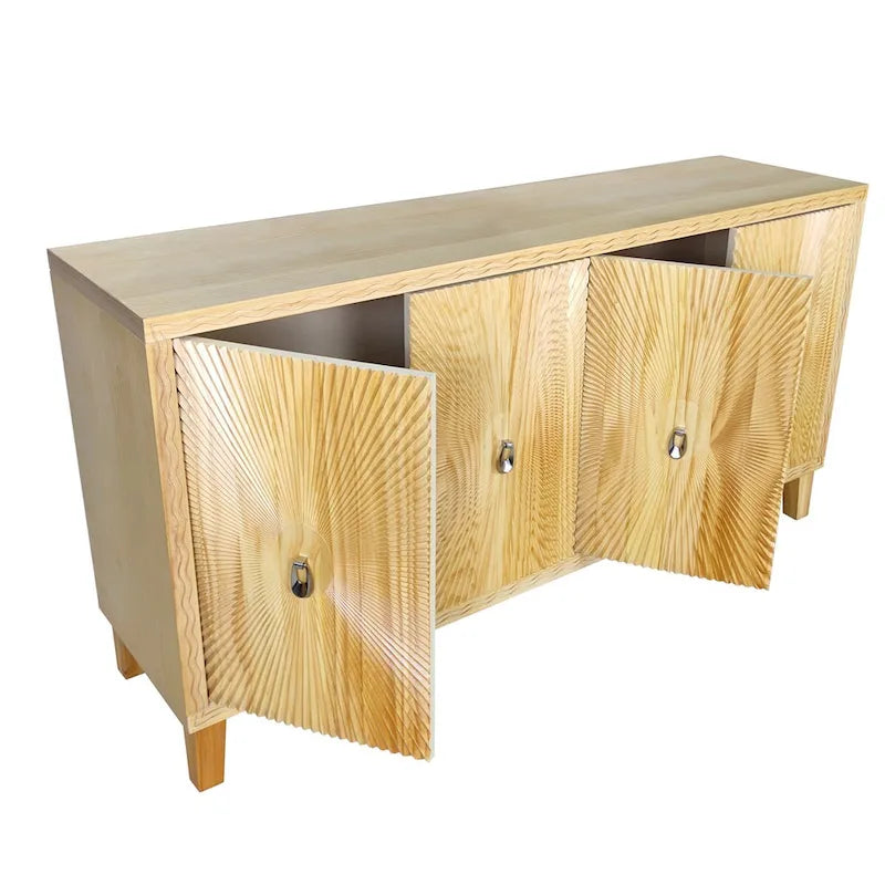 Bahut-buffet sculpté « Sunburst » 4 portes vintage avec étagères réglables
