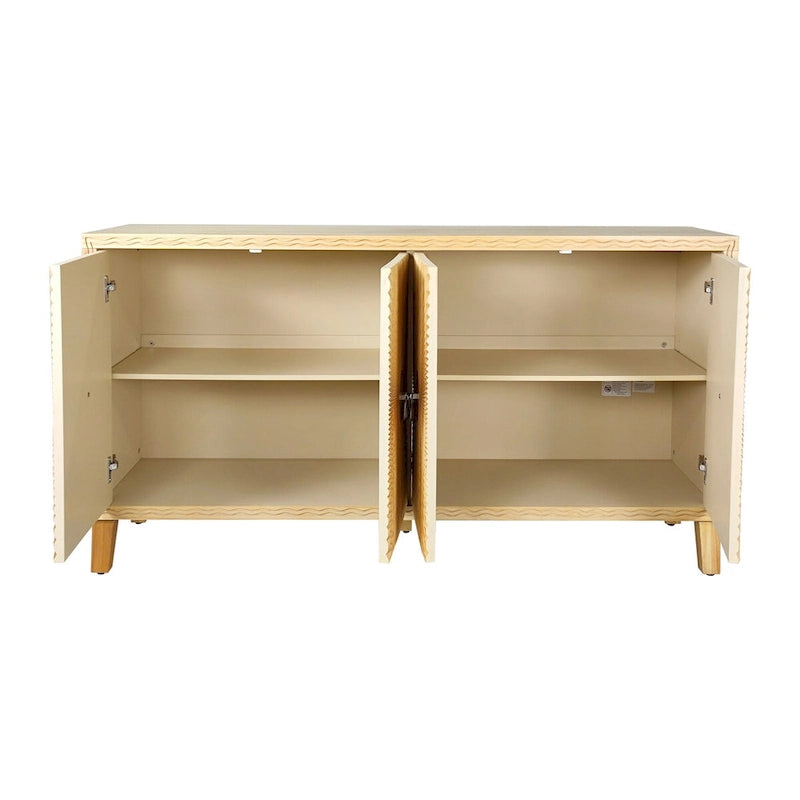Bahut-buffet sculpté « Sunburst » 4 portes vintage avec étagères réglables