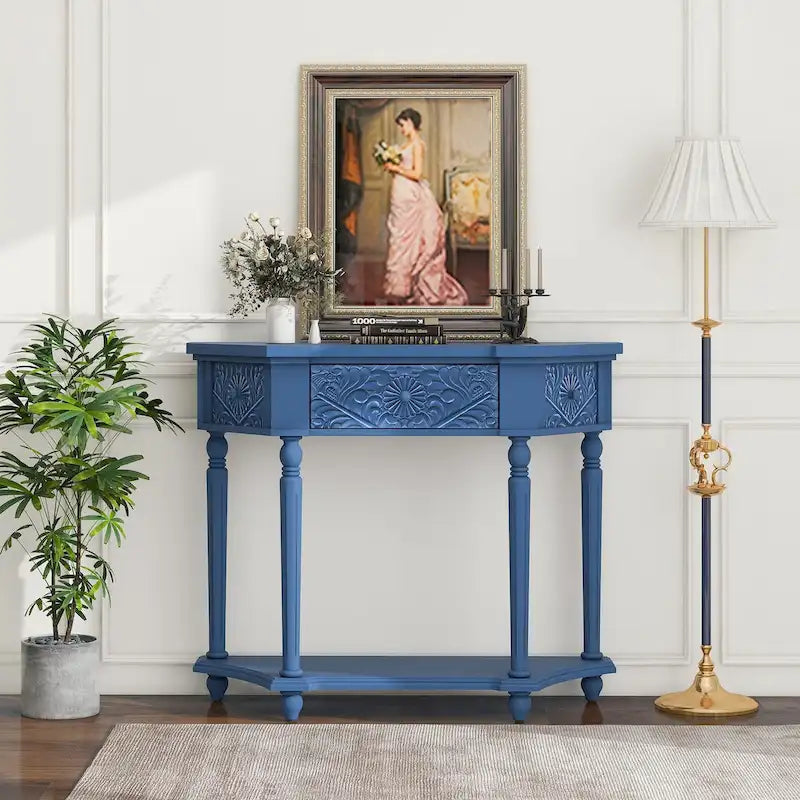 Console en bois sculpté bleu marine avec tiroir et étagère inférieure