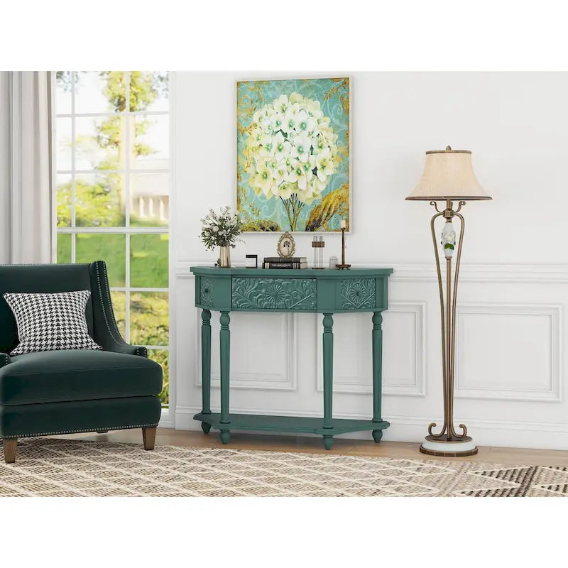 Console en bois sculpté bleu marine avec tiroir et étagère inférieure