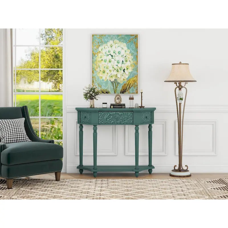 Console en bois sculpté bleu marine avec tiroir et étagère inférieure
