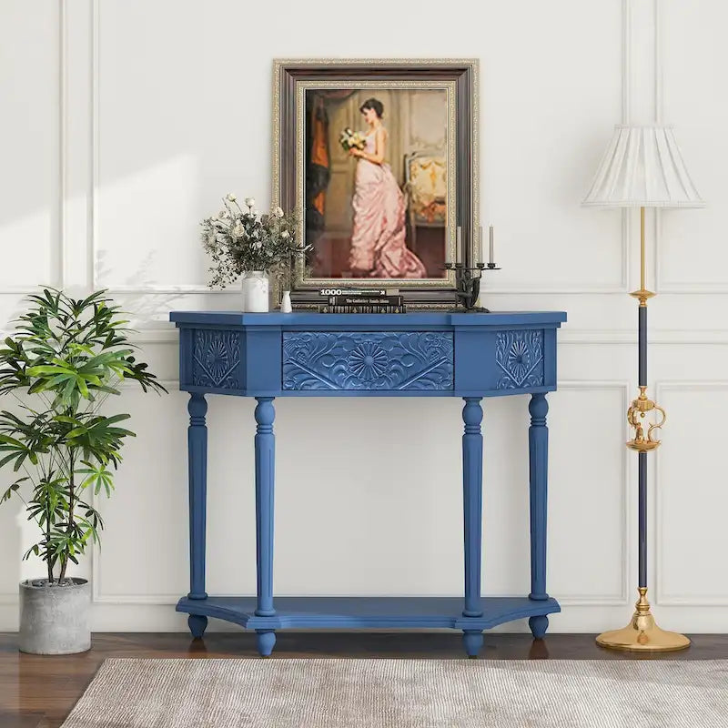Console en bois sculpté bleu marine avec tiroir et étagère inférieure