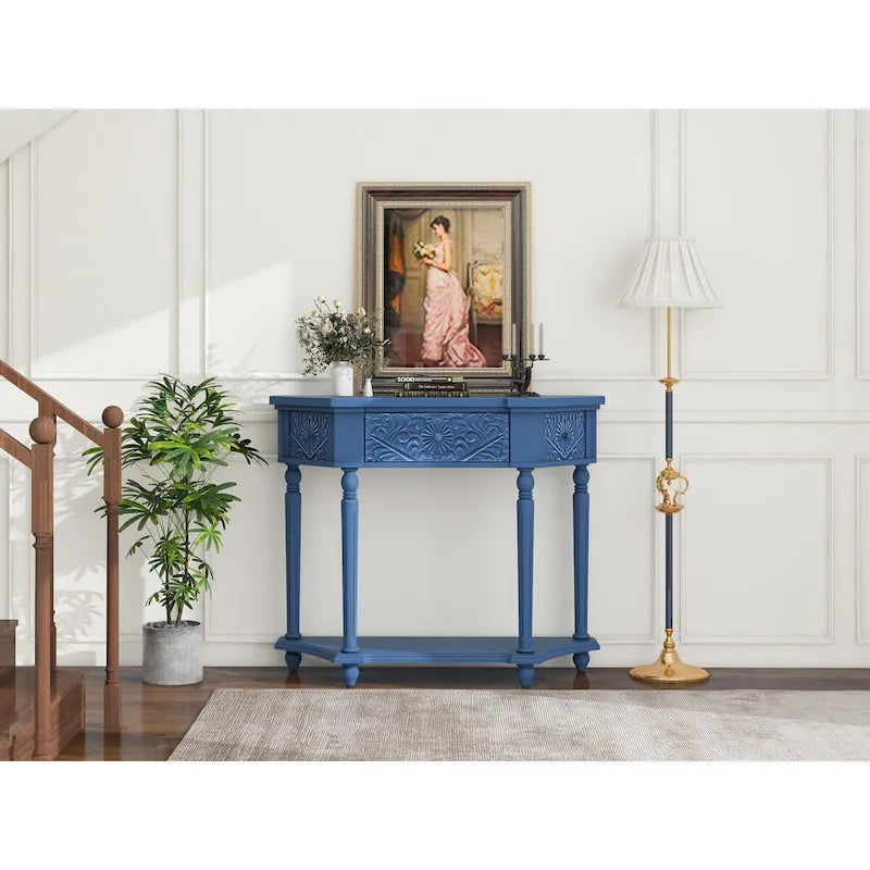 Console en bois sculpté bleu marine avec tiroir et étagère inférieure
