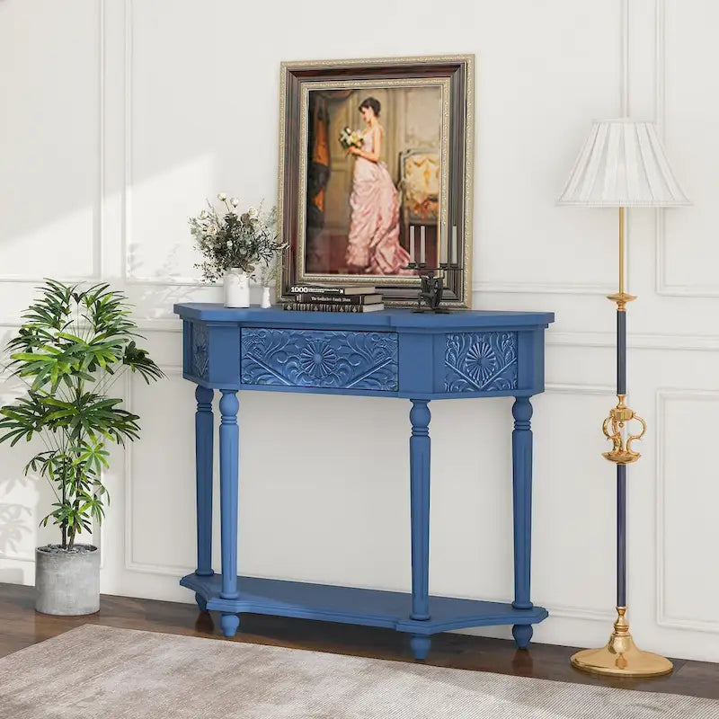 Console en bois sculpté bleu marine avec tiroir et étagère inférieure