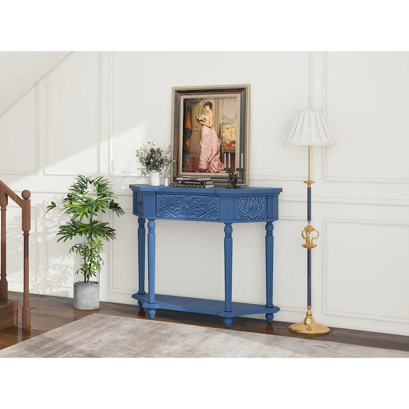 Console en bois sculpté bleu marine avec tiroir et étagère inférieure