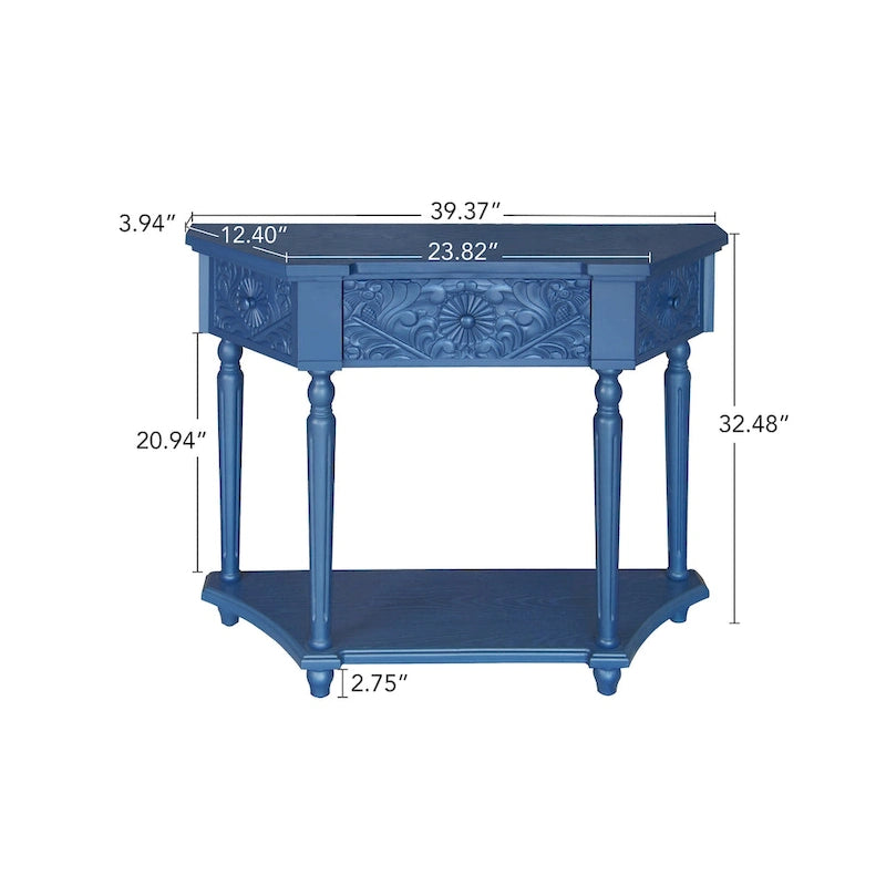 Console en bois sculpté bleu marine avec tiroir et étagère inférieure