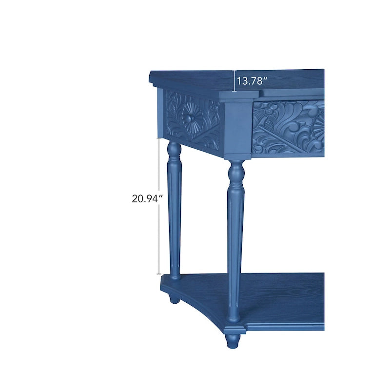 Console en bois sculpté bleu marine avec tiroir et étagère inférieure