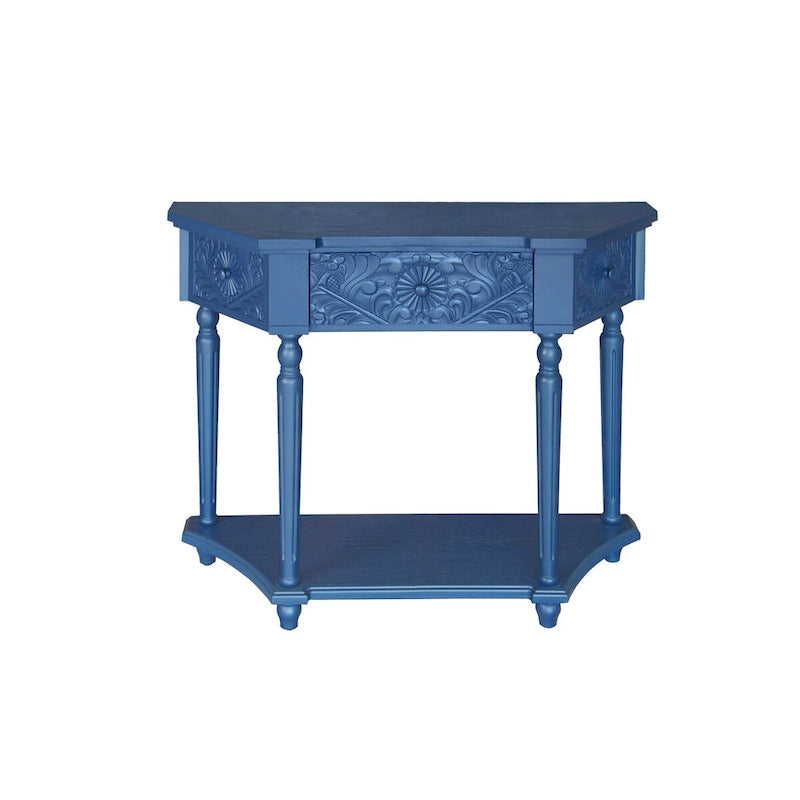 Console en bois sculpté bleu marine avec tiroir et étagère inférieure