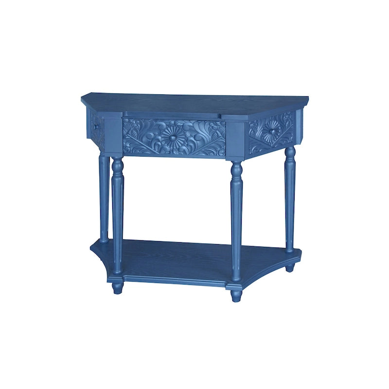 Console en bois sculpté bleu marine avec tiroir et étagère inférieure