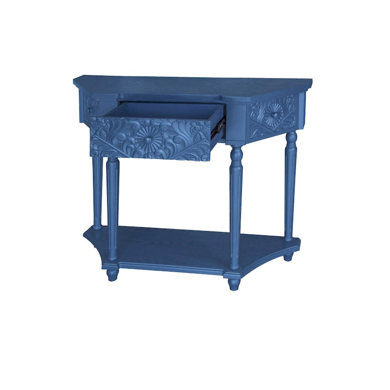 Console en bois sculpté bleu marine avec tiroir et étagère inférieure