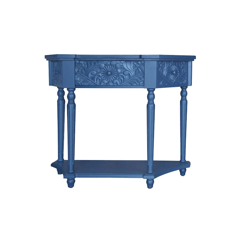 Console en bois sculpté bleu marine avec tiroir et étagère inférieure