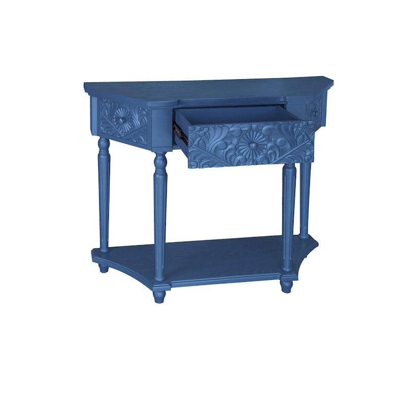 Console en bois sculpté bleu marine avec tiroir et étagère inférieure