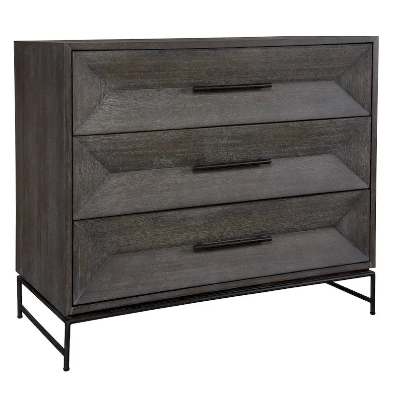Commode d'appoint à trois tiroirs en noyer foncé avec pieds en fer