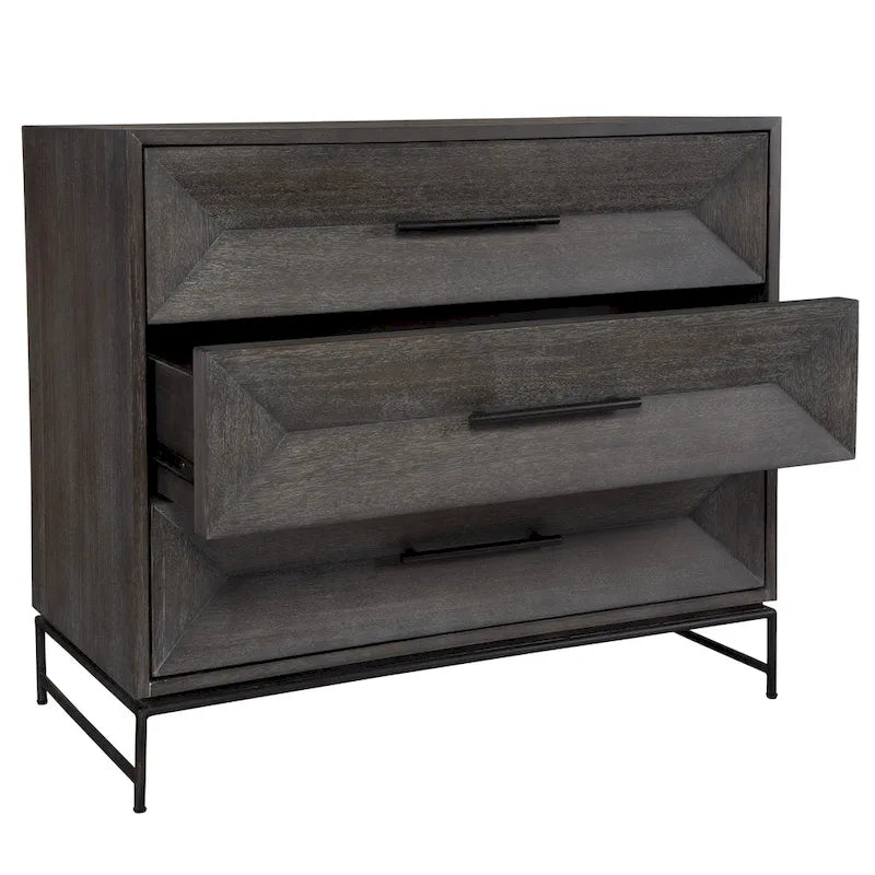 Commode d'appoint à trois tiroirs en noyer foncé avec pieds en fer