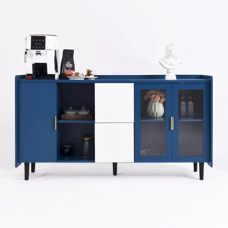 Buffet enfilade bleu de style Mid-Century avec portes vitrées et tiroirs