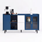Buffet enfilade bleu de style Mid-Century avec portes vitrées et tiroirs