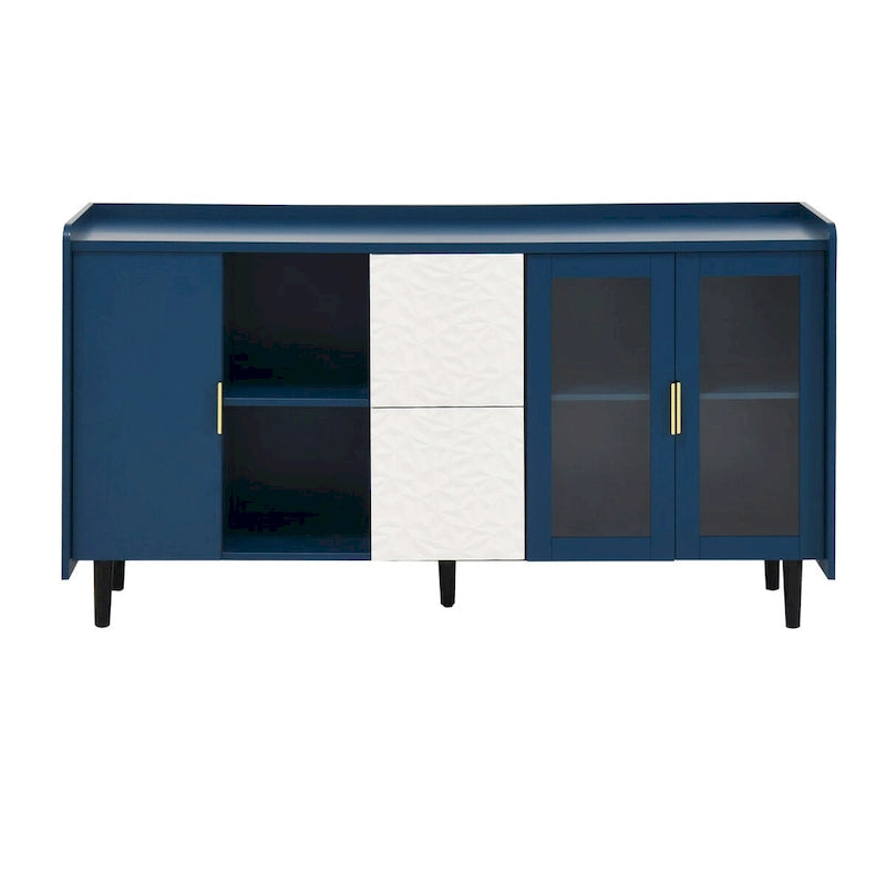 Buffet enfilade bleu de style Mid-Century avec portes vitrées et tiroirs