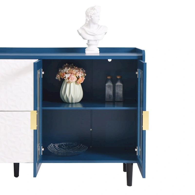 Buffet enfilade bleu de style Mid-Century avec portes vitrées et tiroirs