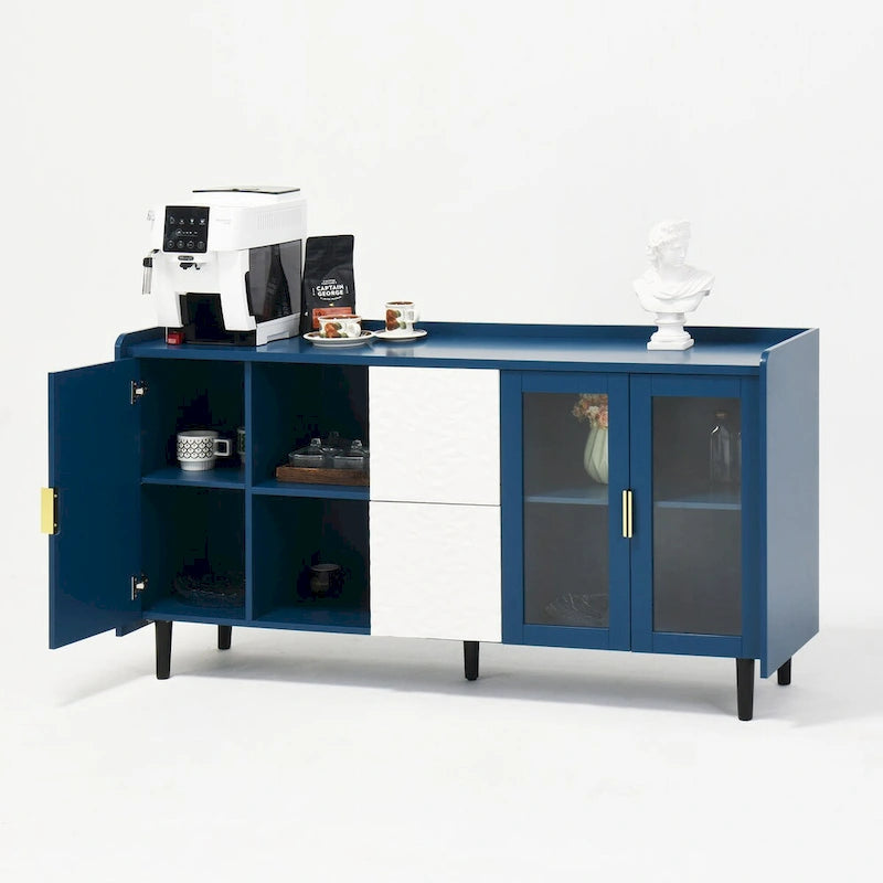Buffet enfilade bleu de style Mid-Century avec portes vitrées et tiroirs
