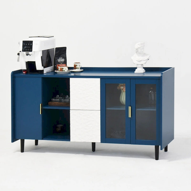 Buffet enfilade bleu de style Mid-Century avec portes vitrées et tiroirs