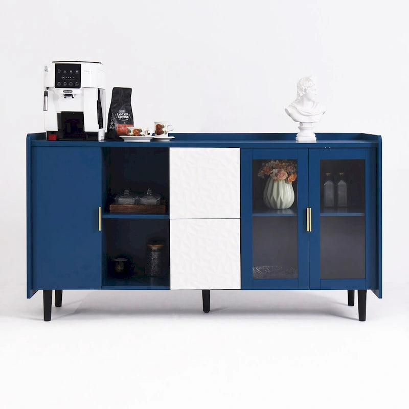 Buffet enfilade bleu de style Mid-Century avec portes vitrées et tiroirs