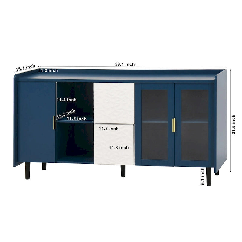 Buffet enfilade bleu de style Mid-Century avec portes vitrées et tiroirs