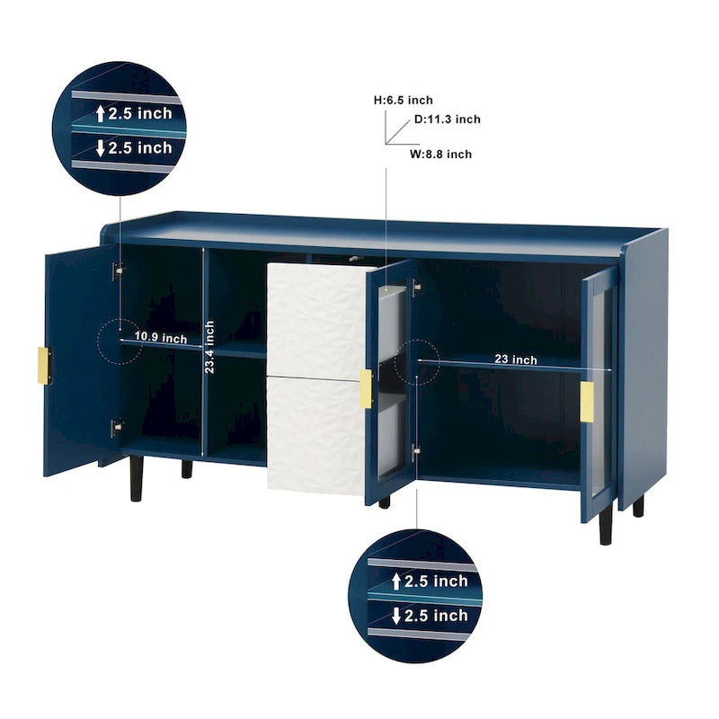 Buffet enfilade bleu de style Mid-Century avec portes vitrées et tiroirs