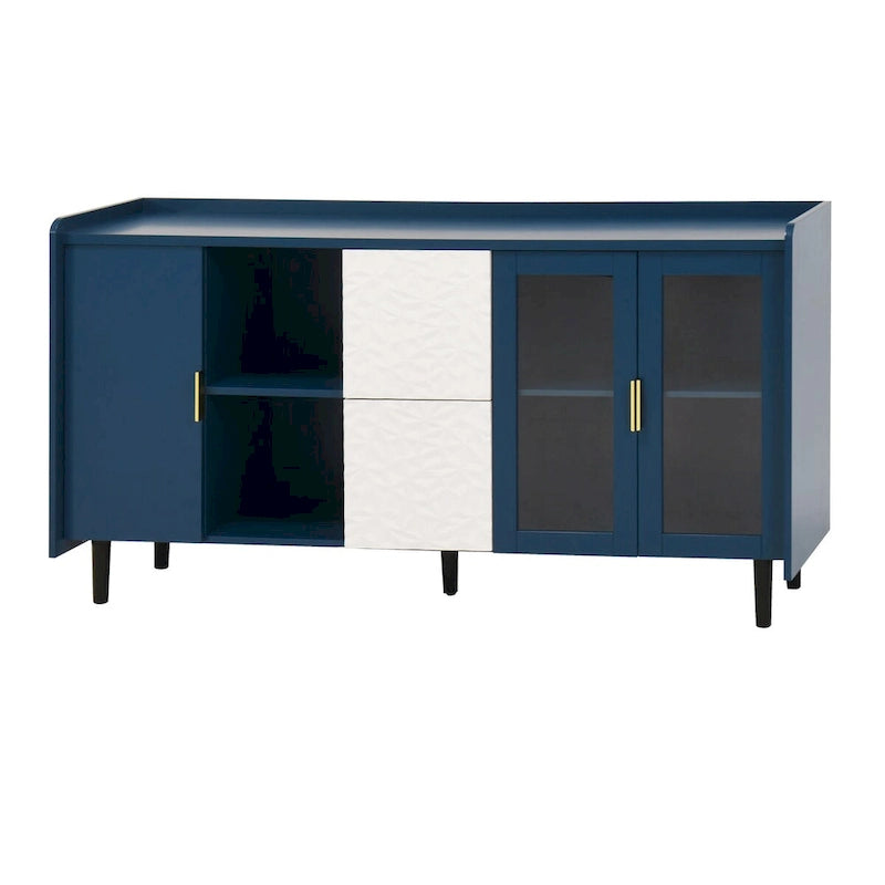 Buffet enfilade bleu de style Mid-Century avec portes vitrées et tiroirs