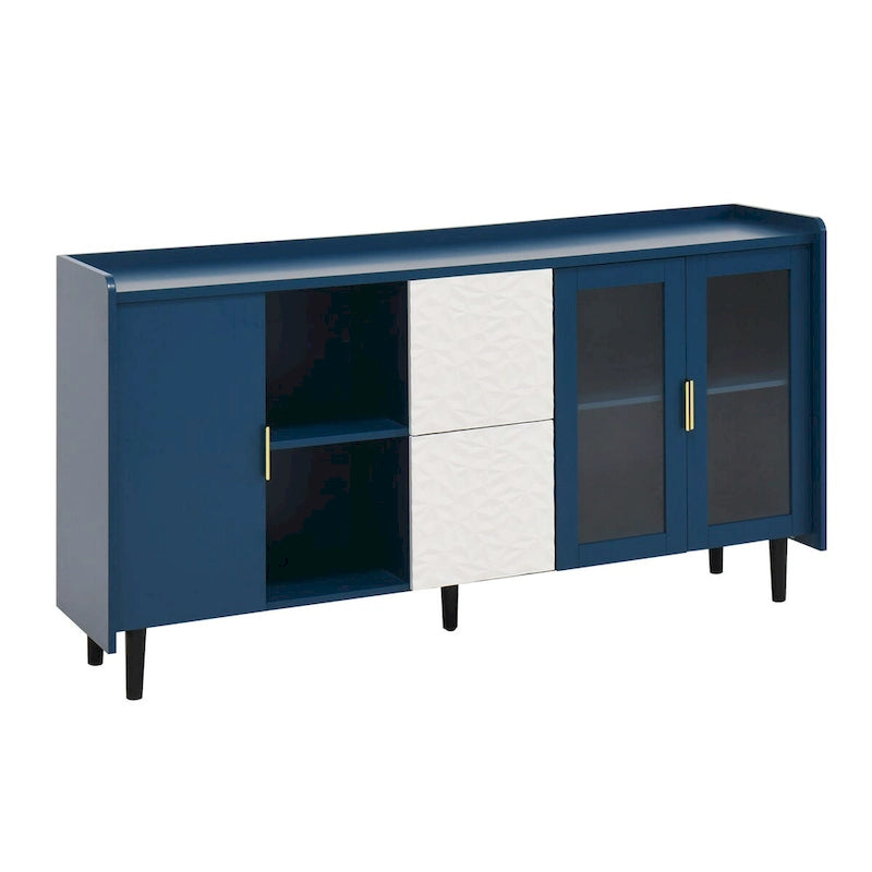 Buffet enfilade bleu de style Mid-Century avec portes vitrées et tiroirs