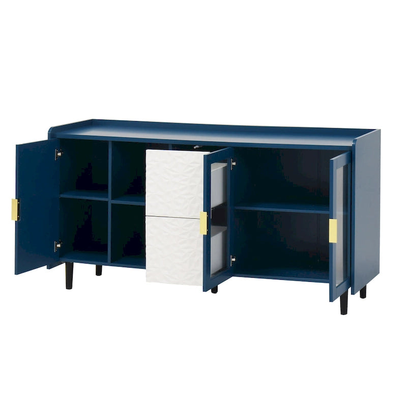 Buffet enfilade bleu de style Mid-Century avec portes vitrées et tiroirs