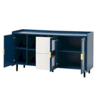 Buffet enfilade bleu de style Mid-Century avec portes vitrées et tiroirs