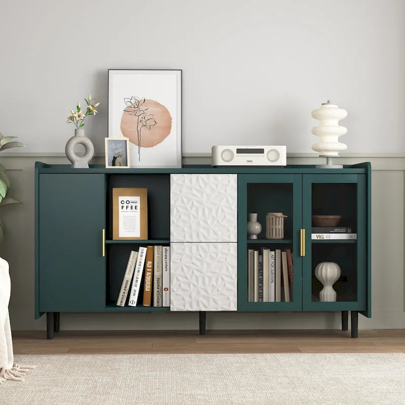 Buffet enfilade bleu de style Mid-Century avec portes vitrées et tiroirs