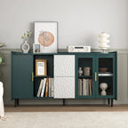 Buffet enfilade bleu de style Mid-Century avec portes vitrées et tiroirs