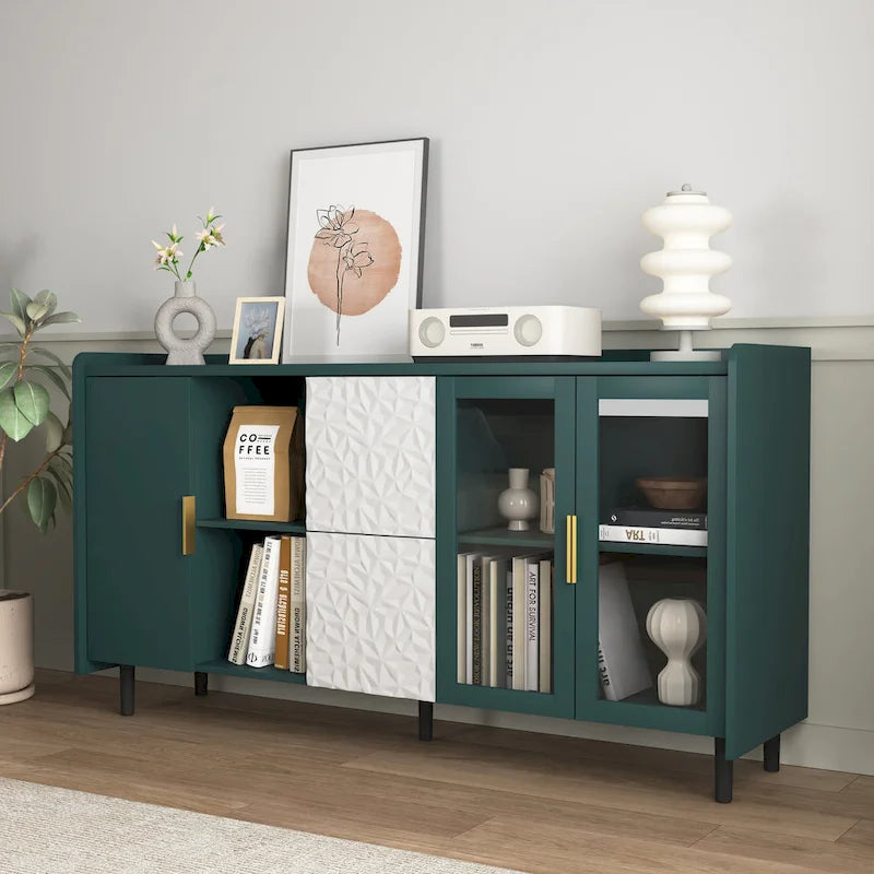 Buffet enfilade bleu de style Mid-Century avec portes vitrées et tiroirs
