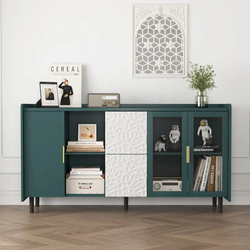Buffet enfilade bleu de style Mid-Century avec portes vitrées et tiroirs