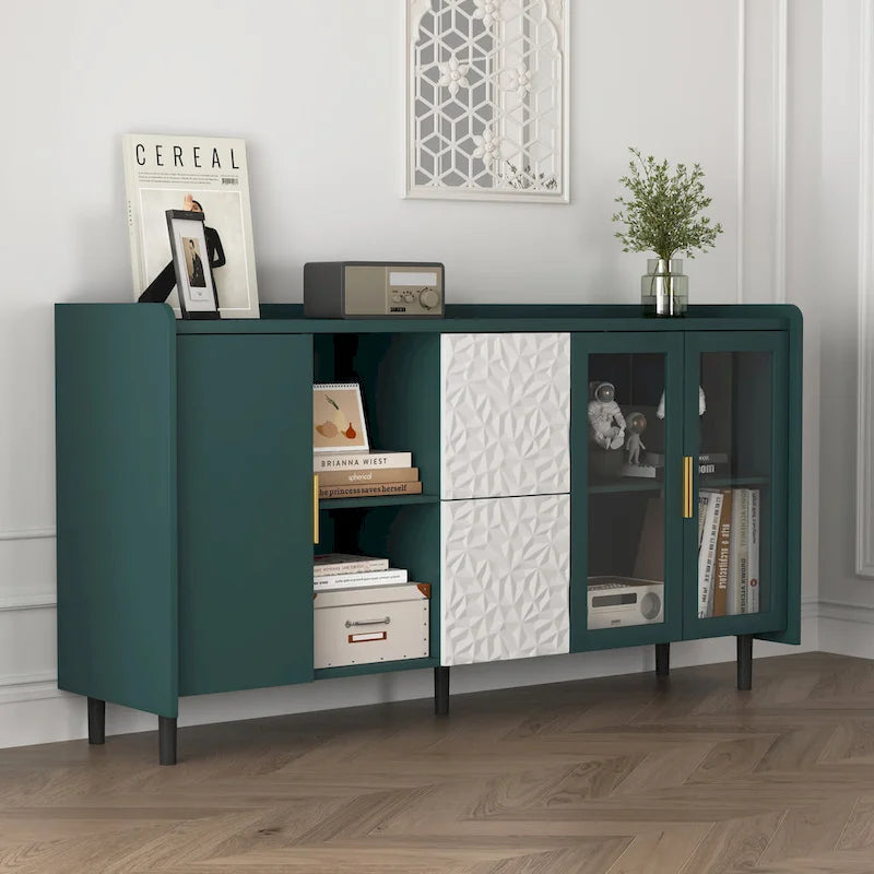 Buffet enfilade bleu de style Mid-Century avec portes vitrées et tiroirs