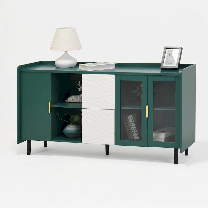 Buffet enfilade bleu de style Mid-Century avec portes vitrées et tiroirs