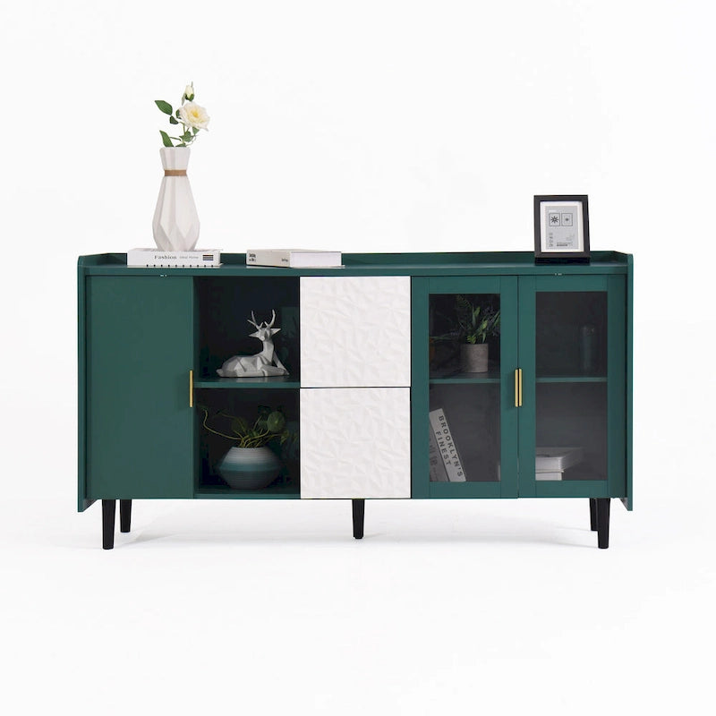 Buffet enfilade bleu de style Mid-Century avec portes vitrées et tiroirs