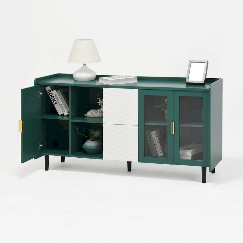 Buffet enfilade bleu de style Mid-Century avec portes vitrées et tiroirs