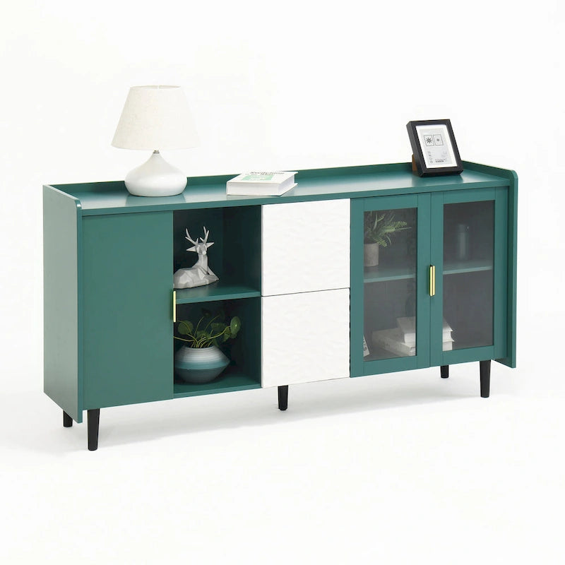 Buffet enfilade bleu de style Mid-Century avec portes vitrées et tiroirs