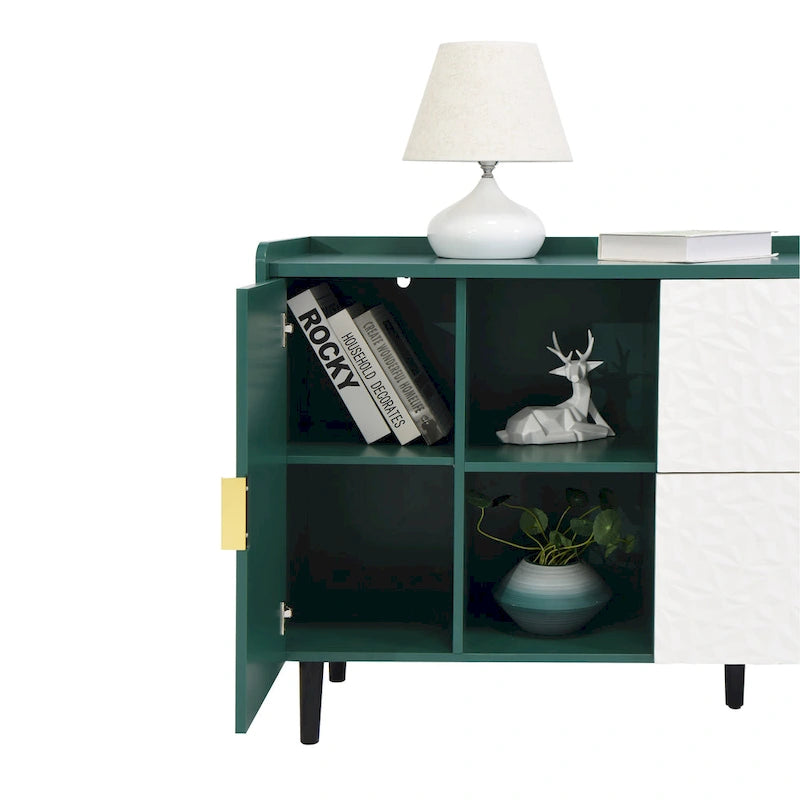 Buffet enfilade bleu de style Mid-Century avec portes vitrées et tiroirs