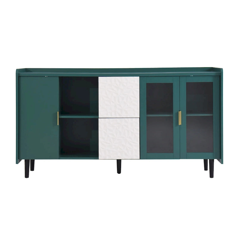 Buffet enfilade bleu de style Mid-Century avec portes vitrées et tiroirs