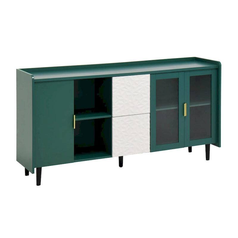Buffet enfilade bleu de style Mid-Century avec portes vitrées et tiroirs