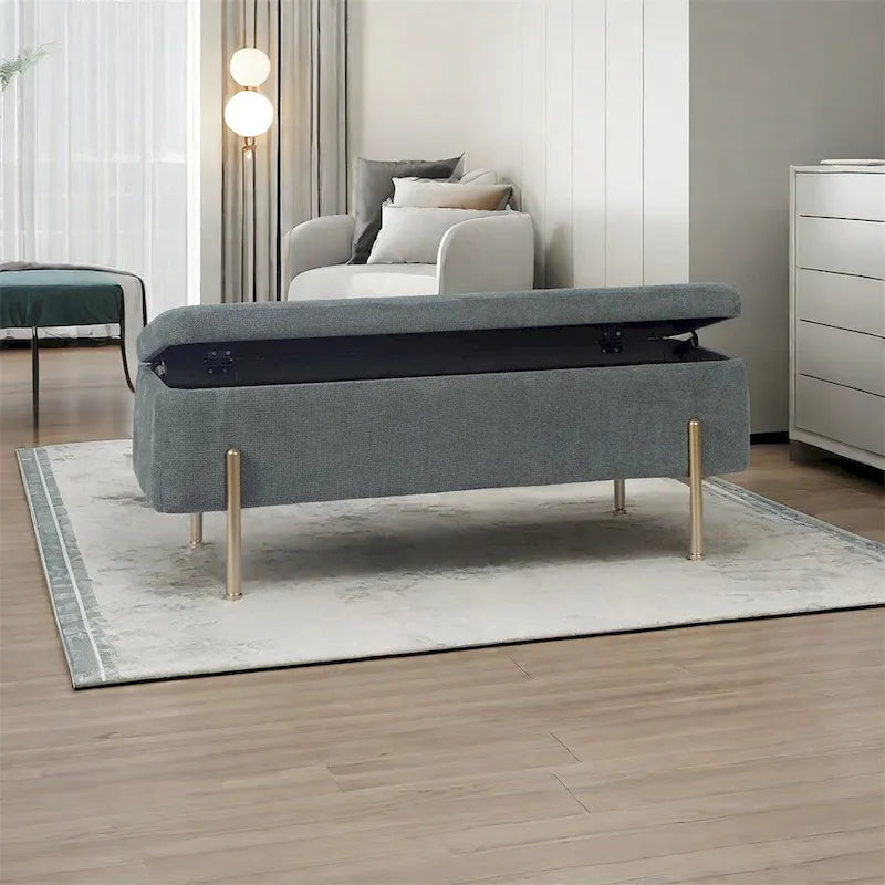 Banc de rangement capitonné en chenille verte avec pieds en métal doré