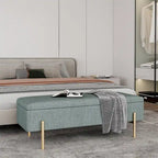 Banc de rangement capitonné en chenille verte avec pieds en métal doré